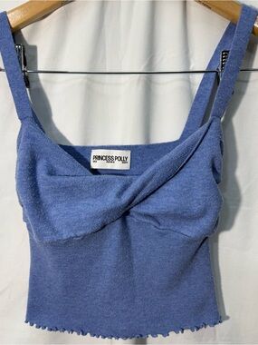 Princess Polly Blue Knit Crop Top US 2 Twist Front Lettuce Hem Strappy Y2K
